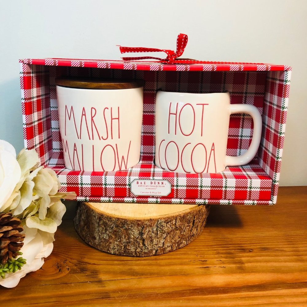 Rae Dunn Christmas White Marshmallow Cellar and Hot Cocoa Mug Set